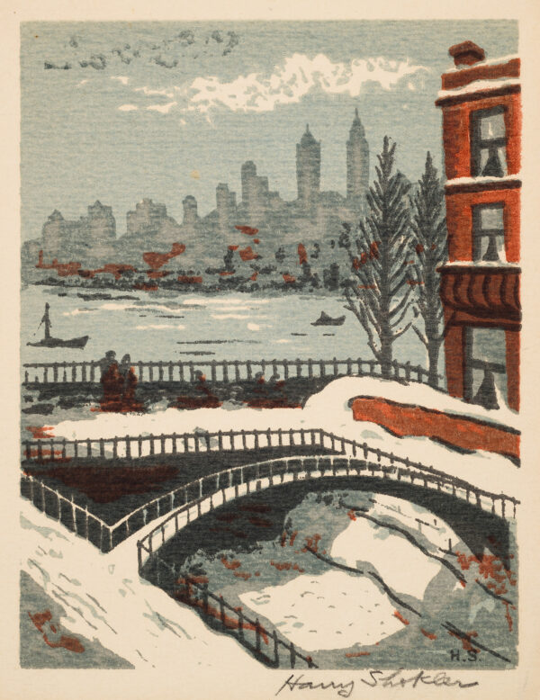 An arched bridge and figures in a snowy cityscape.