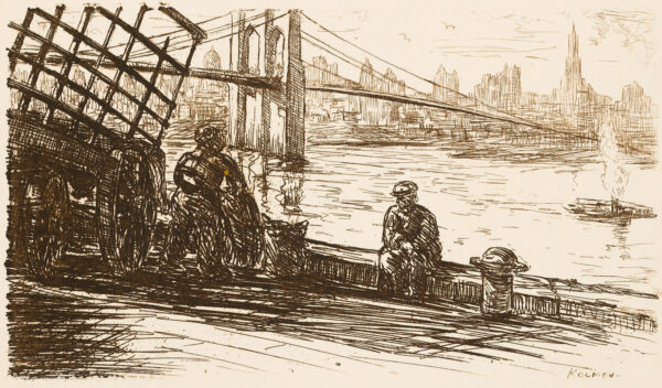 Figures and cart under Brooklyn bridge.