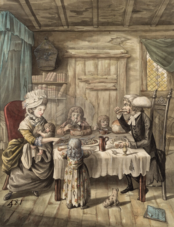 An interior of a family eating around a table.