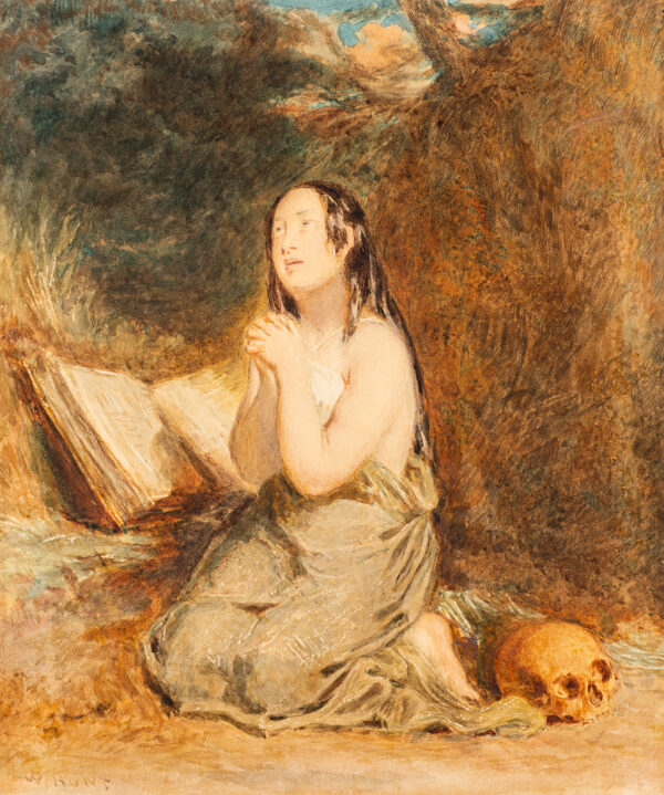 A woman kneels with hands in prayer, a book and human skull beside her.