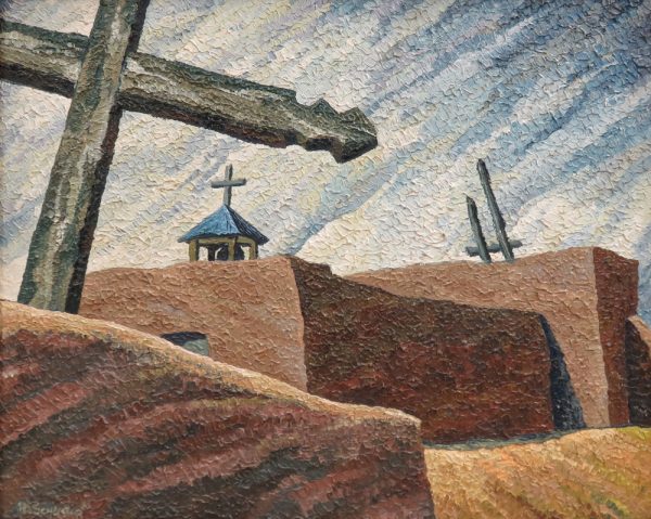 A view of a church steeple and several crosses, partially hidden by adobe walls.