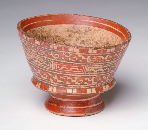 Footed bowl, tan body with black and red slip decoration