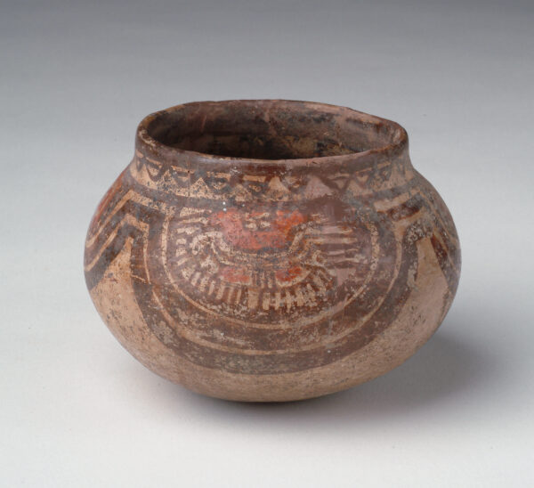 Olla: tan body, red and brown slip decoration.