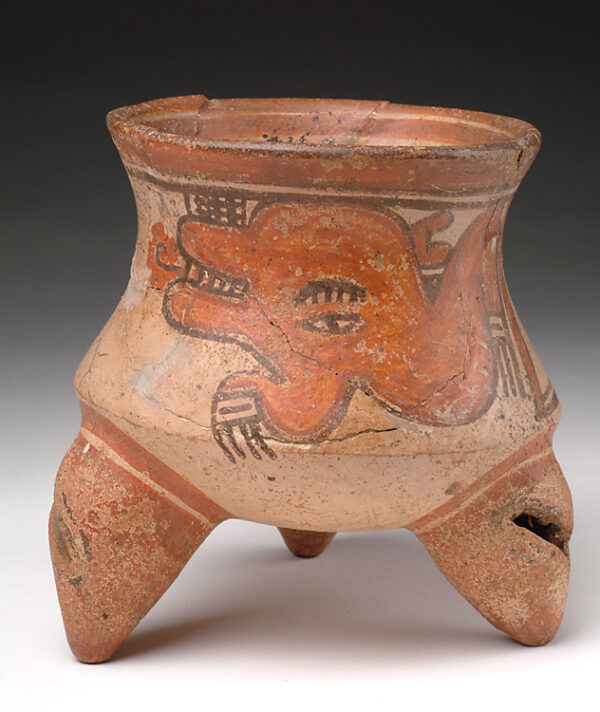 Tripod vessel: tan with red and black slip decoration.