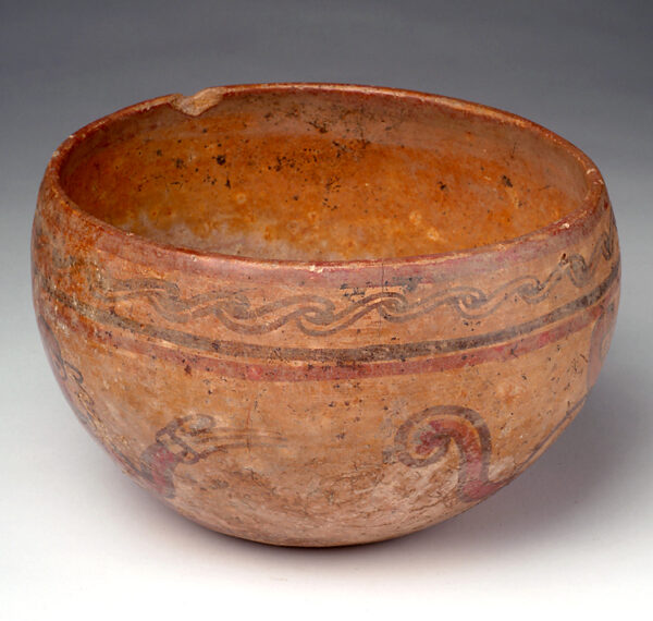 Bowl: tan with red and dark brown slip decoration.