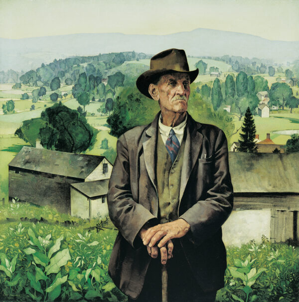 A man in a suit, hat and holding a cane stands before a field with buildings and hills in the background. The painter lived in Woodstock, NY and it may be him in the painting. He usually painted landscapes and rarely figurative painting.