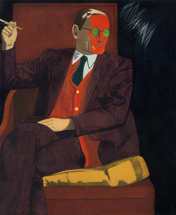 Portrait of a red-faced man with green glasses, who sits on a yellow cushion, smoking a cigarette.