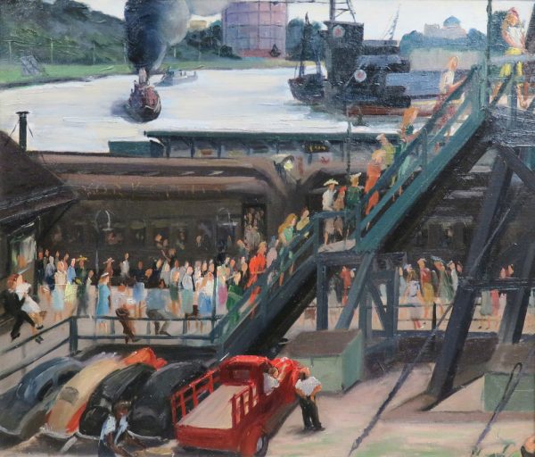 A busy mass transit station with a river in the background.