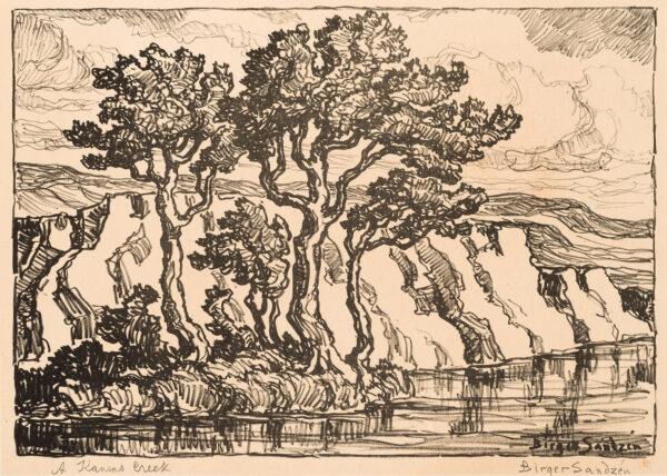 1931 (first) Prarie Print Maker gift print A cottonwood towers over a creek with high banks.