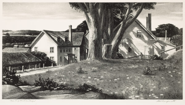 1940 Prairie Print Makers gift print. Buildings behind a hill and group of trees near Castine, Maine