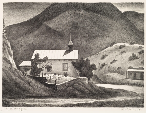 1942 Prairie Print Makers gift print. A road leads to a church surrounded by mountains