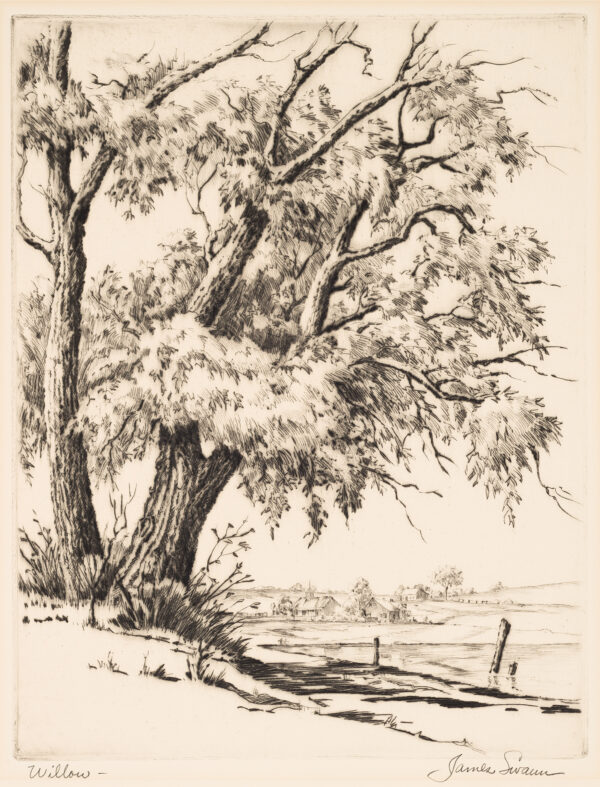 1953 Prairie Print Makers gift print. A willow tree dominates the left side of the image.