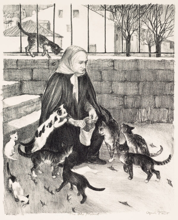 1954 Prairie Print Makers gift print. A woman sits on steps feeding many cats.