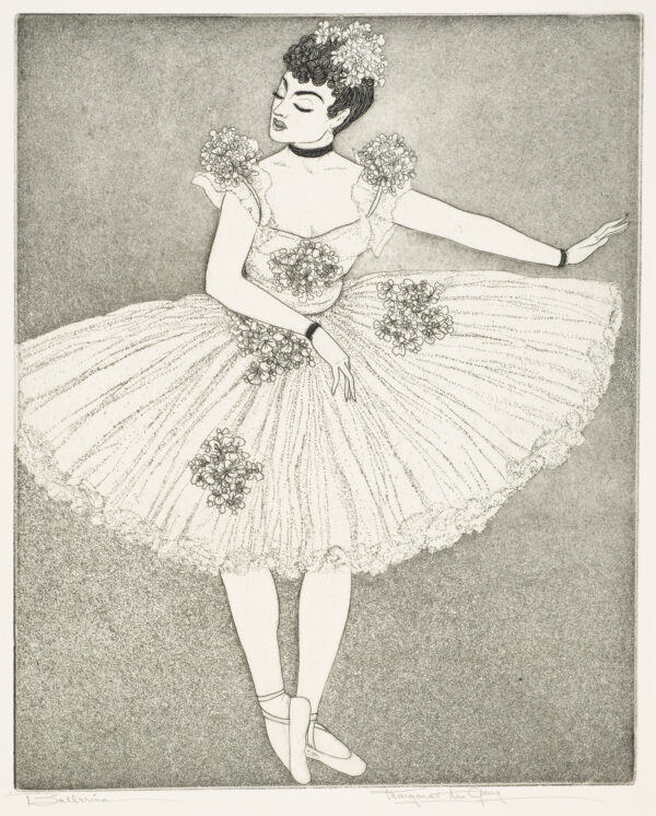 1956 Prairie Print Makers gift print. A ballerina with flowers in her hair and on her dress.