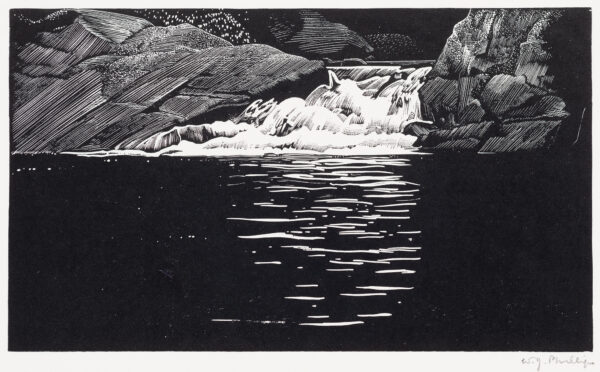 1958 Prairie Print Makers gift print. Water in a river flows over a small falls.