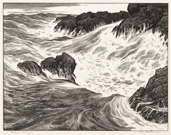 1961 Prairie Print Makers gift print. High surf on rocky coast.