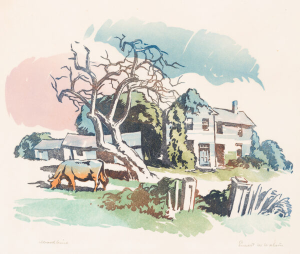 1934 Prairie Print Makers gift print. A cow and tree stand before a house overgrown with vines.