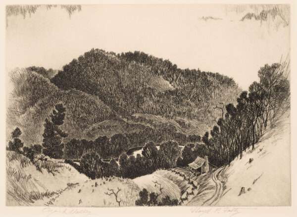 1935 Prairie Print Makers gift print. A cabin in a valley surrounded by trees.