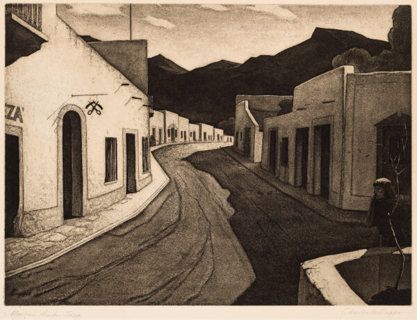 1938 Prairie Print Makers gift print. View of a street lined with adobe buildings; female(?) figure at lower right; mountains beyond.