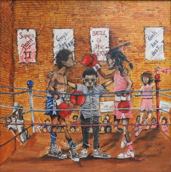 A cartoon like painting of a boy and girl fighting in a boxing ring.