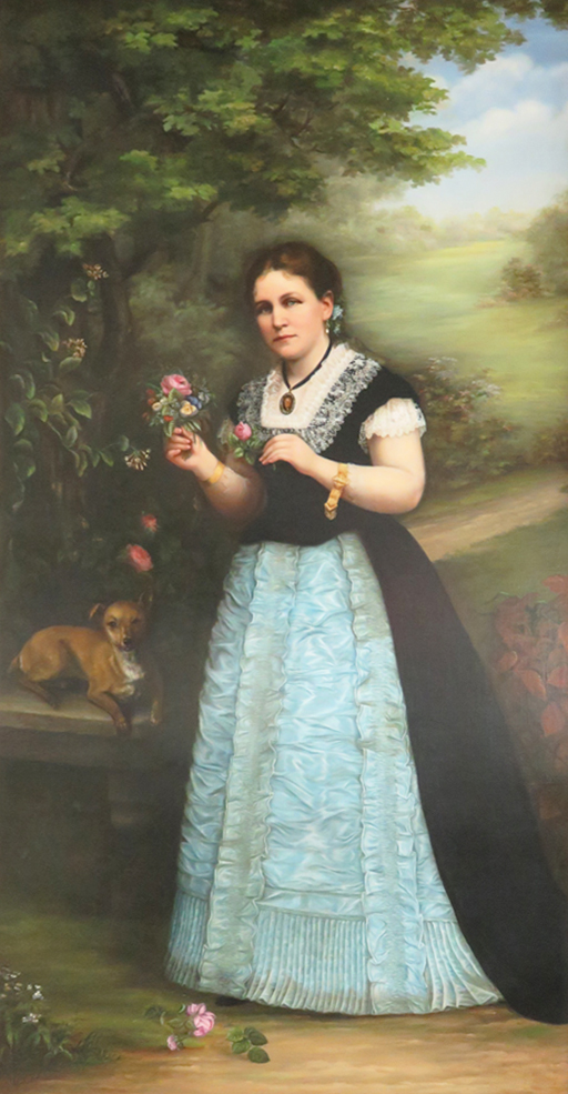 A woman in a lacy dress holds a flower, with a dog beside her.