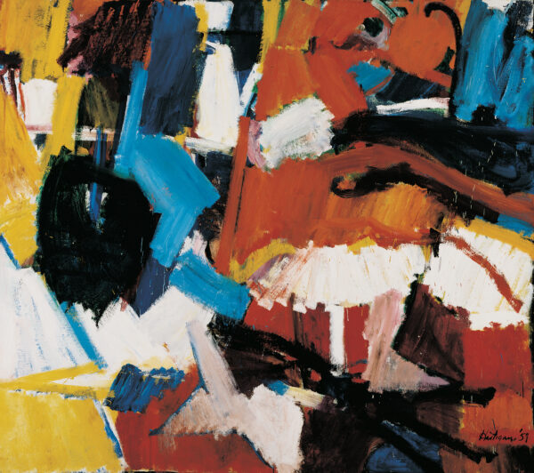 A non-objective painting in reds, yellow, blue, black and white.