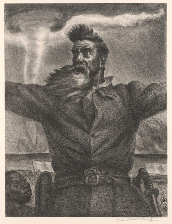 John Brown is seen with arms outstretched, mouth open and a tornado behind him.