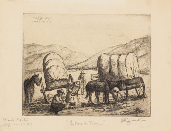 Two covered wagons with horses and figures stopped for camp.