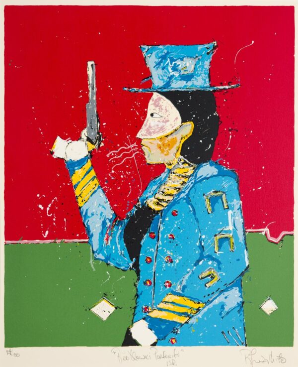 A profile of an Indian in a military coat and top hat with his small gun pointed to the sky. Proceeds from the sale of the Indian Self-Rule Portfolio helped fund the Institute of the American West Conference on Indian Self-Rule.
