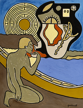 A nude male at lower left witha canoe behind and sun/maze above.
