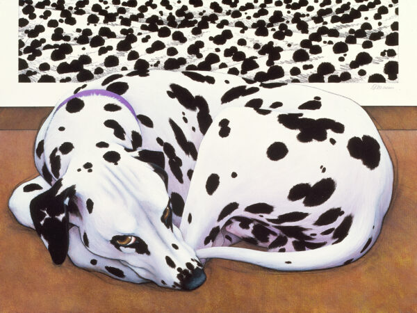 A dalmation dog lies curled up in front of a painting of scrub brush that resembles the spots on the dog.