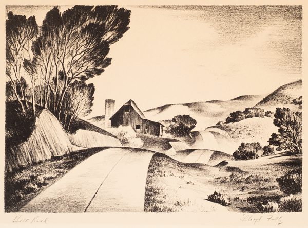 A landscape with winding road that follows hills toward a barn in the distance.
