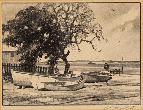 Marine view with lone man pulling a boat into the water at right; two boats in left foreground, with tree and fence beyond; hills in distance.