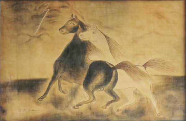 Two horses, one black and one white are facing the lightening in the sky at the left.