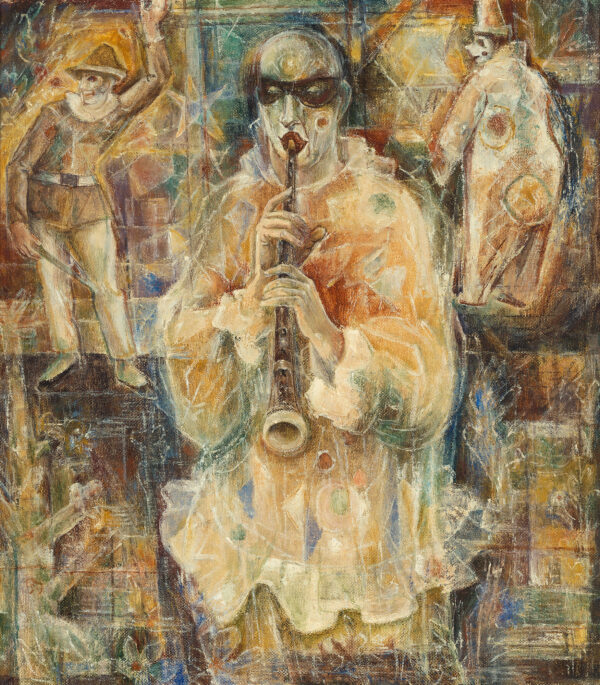 Two smaller clowns are behind a larger one who is playing an oboe. Mrs. Albert Bloch described it as