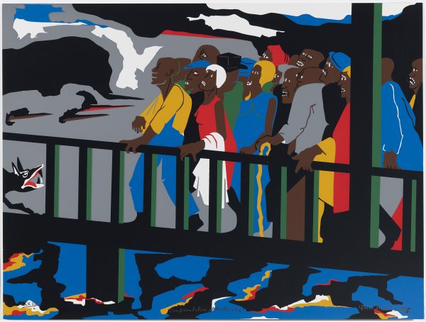 A group of men on a bridge over water, confront an angry dog at left. The scene is against a background of multi-colored abstracted forms, representing sky and water. Published by Alex Rosenberg, New York, NY