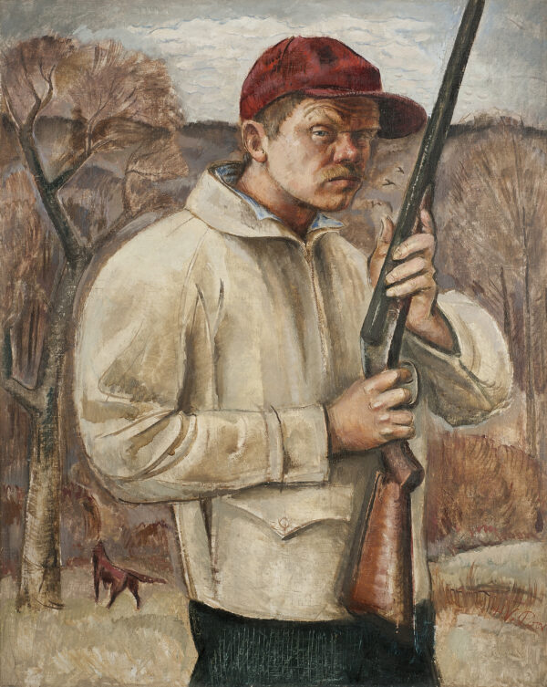 Self-portrait as a hunter with a rifle in his hands, wearing a hunting jacket and cap before a landscape.