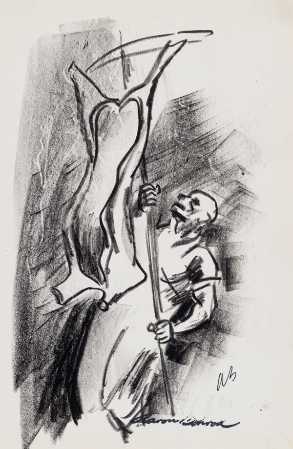A slaughterhouse scene with a man hanging a hog carcass.