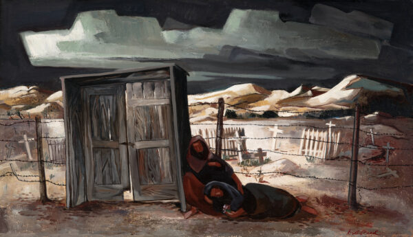 Two women lay on the ground before wooden doors that enter into a graveyard. There is a barbed wire fence behind , scattered wooden crosses and mountains in the distance.
