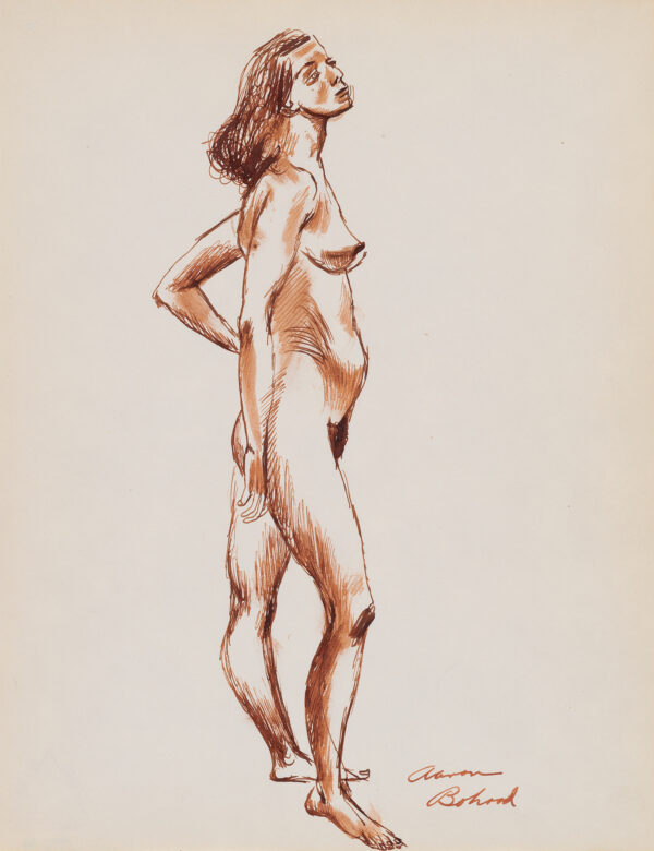 Standing female nude, full-length, profile, facing to right, head tilted up, weight resting on her left leg, her right knee bent.