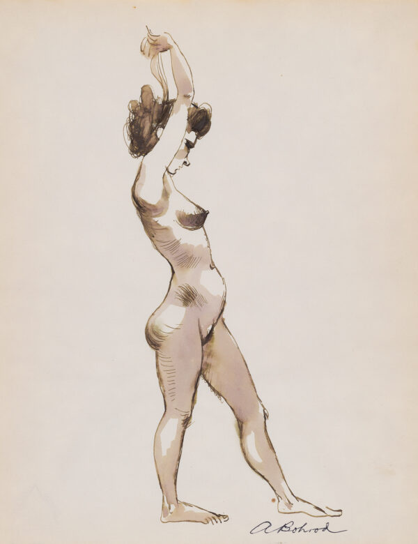 A standing female nude, full-legth, profile, facing to right, head tilted down, with arms raised, her left leg forward.