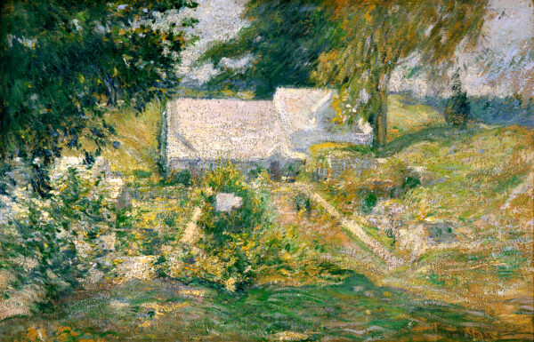 Impressionistic rendition of the Twachtman house in Cos Cob, Connecticut, nestled in small hills and flanked by trees.
