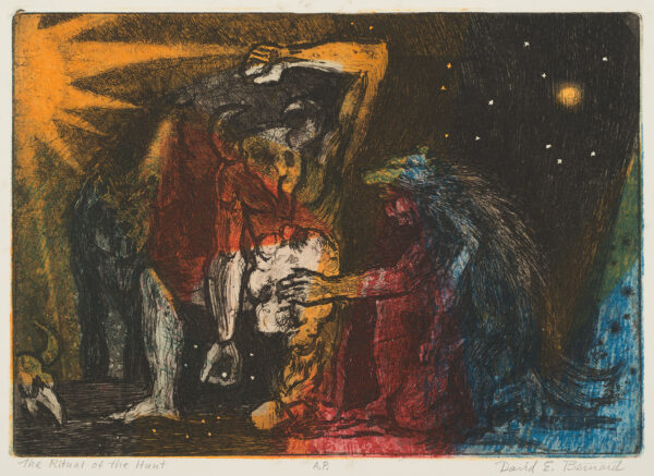 Night scene with stars in distance; at center, a man with an animal skull head & his proper left arm raised; to the right, a shaman-like figure, kneeling & wearing an animal skin; to the left, an animal form in the shadows, a large star form, & an animal skull on the ground.