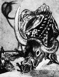 Close-up, frontal view of a bull dominates composition, with skeletal spine exposed; a very small rat-like animal in the lower left foreground; a small, abstracted, flat human form, inverted, at lower center; faint image of a human figure, in a horizontal position, along the bottom of the composition.