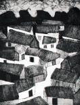 Semi-abstracted, bird's-eye view of a Mexican village, looking down on the yellow and orange-colored rooftops of single level dwellings.