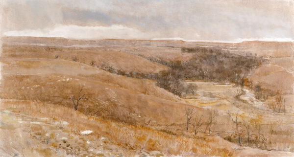 A landscape of the prairie fills the bottom 2/3rds. The sky has storm clouds in the distance.