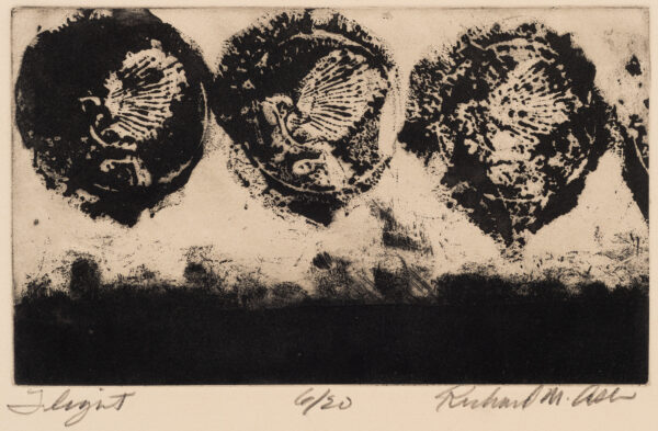 A horizontal arrangement of 3 circular shapes containing winged figures (birds?) above a black ground.