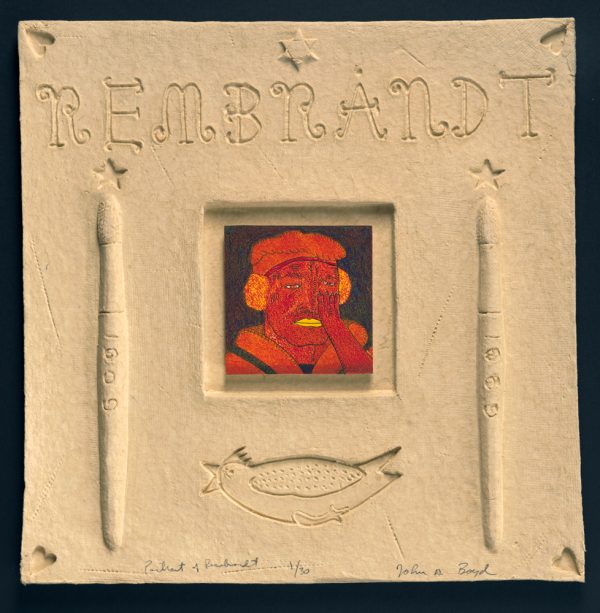 Semi-abstract frontal portrait of a man, head and shoulders, wearing a beret. His face is red with yellow lips. One hand covers his left cheek.Print is contained in framed by a cast paper with the word