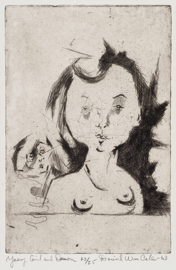 Semi-abstract frontal portrait, head and chest, of a young female nude figure. Behind her, to her right, frontal view of the face of a young male figure.