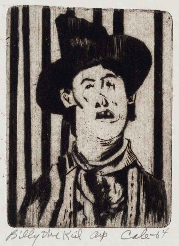 Frontal portrait of a male figure wearing a vertically striped shirt and a cowboy hat. The background is vertical stripes.